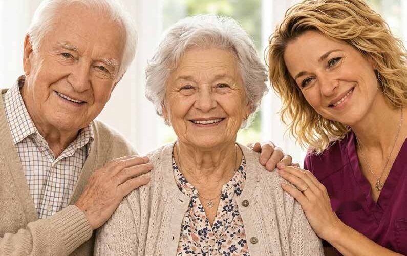 Pflegekraft von PflegeEngel mit einem älteren Ehepaar im eigenen Zuhause