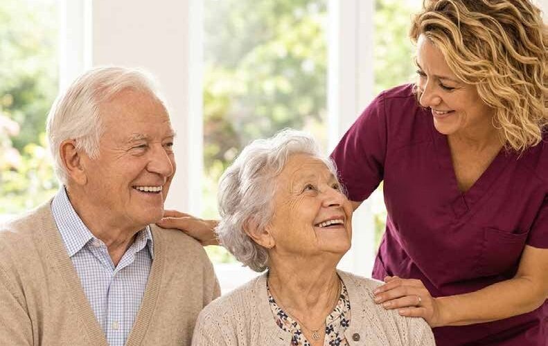 Pflegekraft im Gespräch mit einem lächelnden Seniorenpaar zu Hause